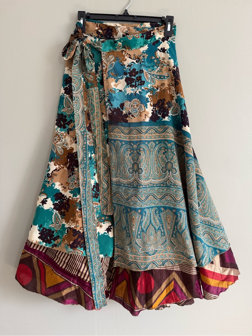 Boho Patchwork Wrap Maxi Skirt Paisley Floral Teal Brown Size 38